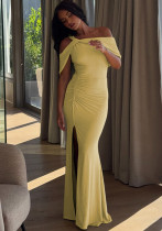 Women Slim Fit Split Solid Color Bodycon Off Shoulder Asymmetrical Design Long Dress