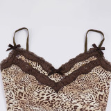 Women Sexy Leopard Print Bow Color Block Lace Patchwork Camisole Top and Shorts Two Piece Set
