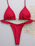 Women Summer Solid Color Lace-Up Low Waist Thong Two-Piece Bikini Swimwear