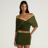Women Spring Summer Elegant Off Shoulder Low Back Slim Waist Ruched Two-Piece Outfit Set