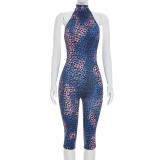 Women Tie Dye Leopard Print Halter Neck Lace-Up Backless Cropped Jumpsuit