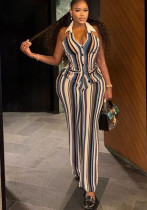 Women Striped V-Neck Button Printed Casual Slim Pants Two-Piece Outfit Set