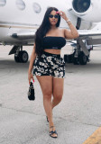 Women Letter Print Strapless + Floral Print Shorts Sexy Casual Two Piece Set