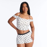 Women Color Block Polka Dot Print Lace-Up Off Shoulder Top and Shorts Two Piece Set