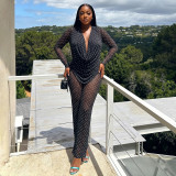 Women Mesh See-Through Polka Dot Print Long Sleeve Top and Long Pants Two Piece Set