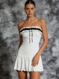 Women Elegant Polka Dot Slim Waist Strapless Patchwork Lace Short Dress