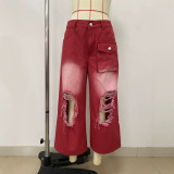 Women American Red Gradient Ripped Raw Edge Seven-Point Wide Leg Pants