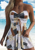 Women Summer Plus Size Halter Neck Square Leg Skirted Two-Piece Tankini Swimwear