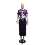 Women Summer Round Neck Short Sleeve Print Casual Maxi Dress