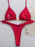 Women Summer Solid Color Lace-Up Low Waist Thong Two-Piece Bikini Swimwear