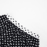 Women Color Block Polka Dot Print Lace-Up Off Shoulder Top and Shorts Two Piece Set