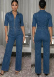Women Sexy Patchwork Sleeveless Zip Turndown Collar Slim Fit Denim Jumpsuit