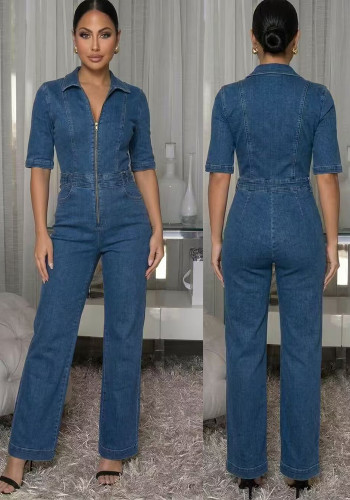 Women Sexy Patchwork Sleeveless Zip Turndown Collar Slim Fit Denim Jumpsuit