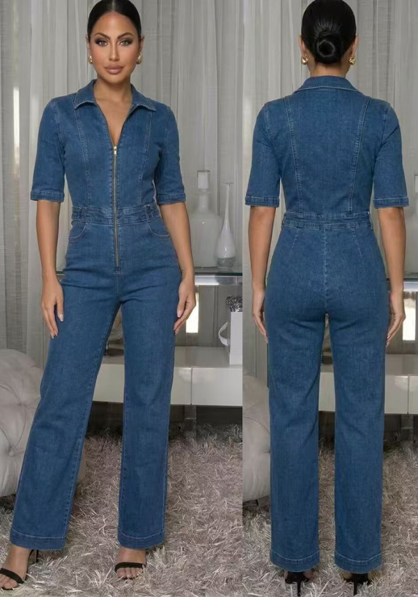 Women Sexy Patchwork Sleeveless Zip Turndown Collar Slim Fit Denim Jumpsuit