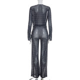 Women Mesh See-Through Polka Dot Print Long Sleeve Top and Long Pants Two Piece Set