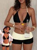 Women Holiday Solid Color Halter Neck Two-Piece Shorts Bikini Swimwear