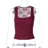 Women Sexy Lace Patchwork Square Neck Sleeveless Top