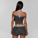 Women Color Block Polka Dot Print Lace-Up Off Shoulder Top and Shorts Two Piece Set
