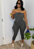 Women Spring Summer Solid Color Fake Two-Piece Strapless Drawstring Asymmetrical Hem Bodycon Seven-Point Jumpsuit