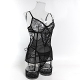Women Sexy Lace Patchwork Mesh Bodysuit With Fishnet Stockings Lingerie