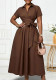 Women Summer Turndown Collar Short Sleeve Lace-Up Solid Color Slim Waist Dress