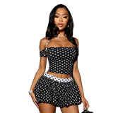 Women Color Block Polka Dot Print Lace-Up Off Shoulder Top and Shorts Two Piece Set