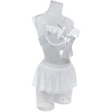Women Sexy Lace Lace Trim Underwire Hollow Out Three Piece Set