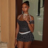 Women Color Block Polka Dot Print Lace-Up Off Shoulder Top and Shorts Two Piece Set