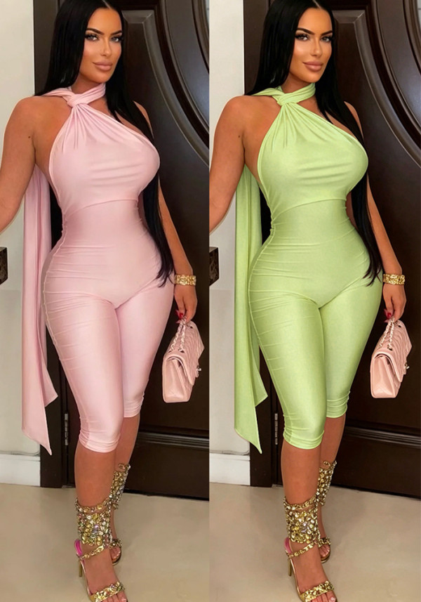 Women Sexy Casual Solid Backless Bodycon Jumpsuit