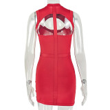 Women Chic Hollow Out Bodycon High Neck Solid Color Slim Short Dress