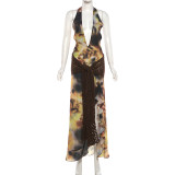Women Spring Summer Sexy Low Back Cross Lace-Up Deep V Split Printed Dress