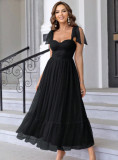 Elegant Solid Color Strap Mesh Party Dress