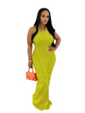 Women Ruched Halter Neck Backless Sexy Solid Bodycon Maxi Dress
