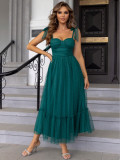 Elegant Solid Color Strap Mesh Party Dress