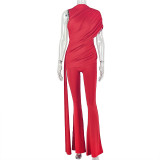 Women Solid Color Pleated Lace-Up High Neck One-Shoulder Irregular Wide Leg Jumpsuit