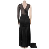Women Sexy Mesh See-Through Round Neck Bodycon Dress