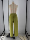 Women Solid Sleeveless V-Neck Vest Drawstring Pocket Wide Leg Pants Casual Two-Piece Set