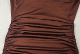Women Trendy Solid Color Split Irregular Deep V Halter Neck Sexy Dress