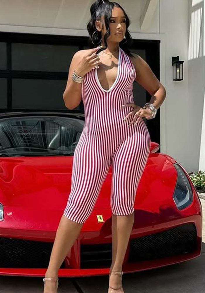 Striped Hollow-Out Backless Lace-Up Jumpsuit for Clubwear