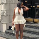 Women V-Neck Hollow-Out Neck-Tie Lace-Up Backless Puff Dress