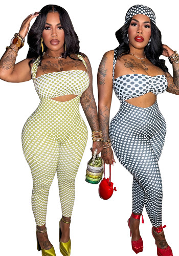 Women Sexy Polka Dot Print Strapless Top and Suspender Pants Three-Piece Set