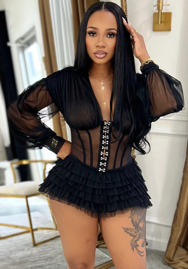 Women Sexy V-Neck See-Through Mesh Dress