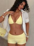 Women Holiday Solid Color Halter Neck Two-Piece Shorts Bikini Swimwear