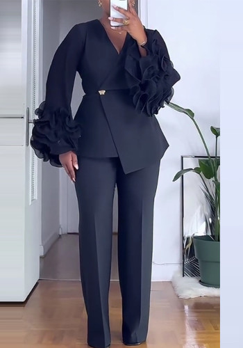 Women Spring & Summer Long Sleeve Blazer And Ruffled Pants Two-Piece Set