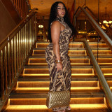 Women Fashion Leopard Print Streetwear Bodycon High Neck Sleeveless Career Long Dress