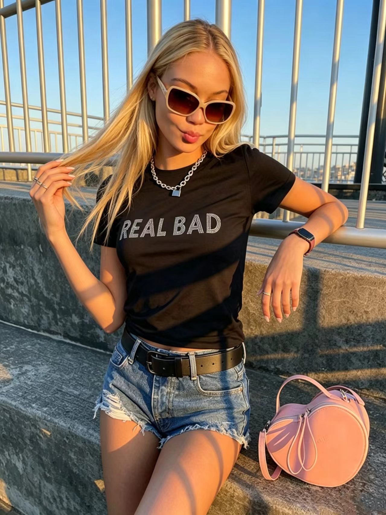 Beaded Letter Round Neck T-Shirt for Casual Streetwear