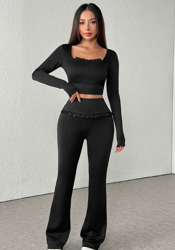 Women Black Square Neck Ruffled Top and Bell Bottom Pant Fitness Yoga Casual Two-Piece Set