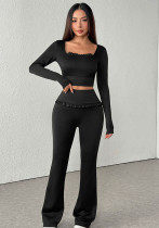 Women Black Square Neck Ruffled Top and Bell Bottom Pant Fitness Yoga Casual Two-Piece Set Women Black Square Neck Ruffled Top and Bell Bottom Pant Fitness Yoga Casual Two-Piece Set