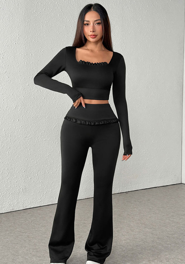 Women Black Square Neck Ruffled Top and Bell Bottom Pant Fitness Yoga Casual Two-Piece Set