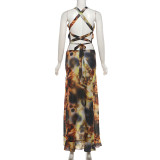 Women Spring Summer Sexy Low Back Cross Lace-Up Deep V Split Printed Dress